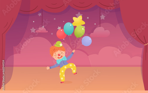 Clown kid character performing fun show in circus  boy with funny nose and balloons