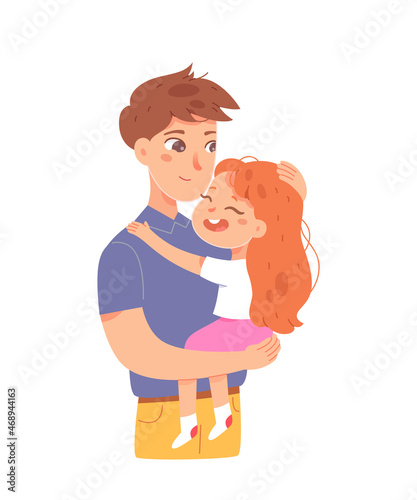 Hugs from father to daughter, dad carrying child in hand, funny young girl hugging parent