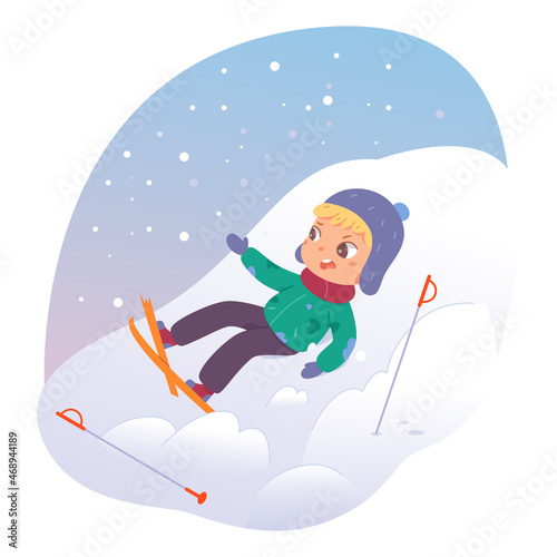 Cute skier boy skiing and falling, lying in snowdrift on mountain slope due to broken ski