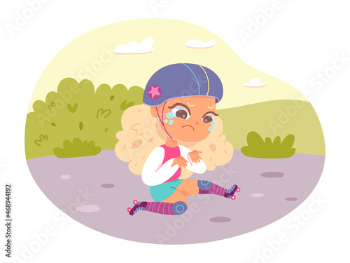 Falling accident of cute girl, kid in safety helmet sitting on road of city park, crying