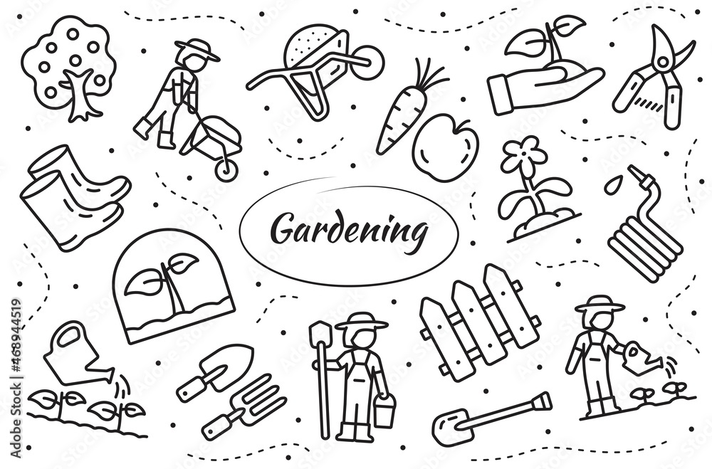 Gardening related set. Vector linear objects isolated on white background.