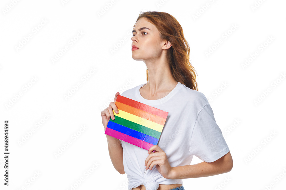 woman wearing white t-shirt lgbt flag inventor community woman wearing white t-shirt lgbt flag inventor community
