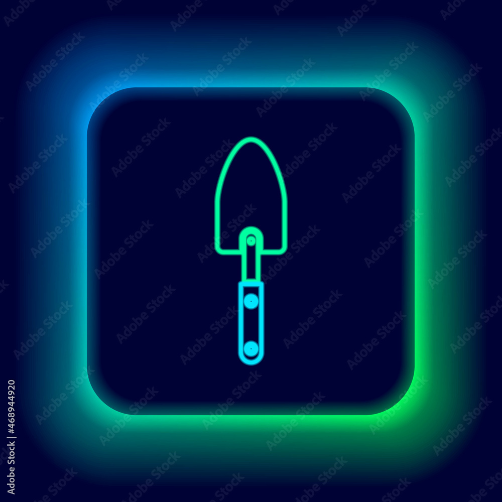 Glowing neon line Garden trowel spade or shovel icon isolated on black background. Gardening tool. Tool for horticulture, agriculture, farming. Colorful outline concept. Vector Glowing neon line Garden trowel spade or shovel icon isolated on black background. Gardening tool. Tool for horticulture, agriculture, farming. Colorful outline concept. Vector