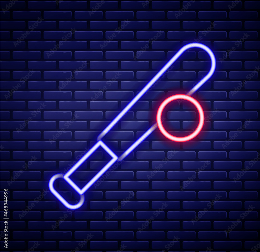 Glowing neon line Baseball bat with ball icon isolated on brick wall background. Colorful outline concept. Vector Glowing neon line Baseball bat with ball icon isolated on brick wall background. Colorful outline concept. Vector