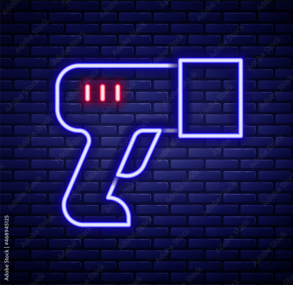 Glowing neon line Scanner scanning bar code icon isolated on brick wall background. Barcode label sticker. Identification for delivery with bars. Colorful outline concept. Vector Glowing neon line Scanner scanning bar code icon isolated on brick wall background. Barcode label sticker. Identification for delivery with bars. Colorful outline concept. Vector