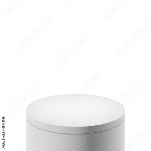 Light gray color cylindrical podium, on white background. Monochromatic mock up pedestal design for display case,  showcase, shopfront. 3d illustration.