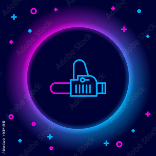 Glowing neon line Chainsaw icon isolated on black background. Colorful outline concept. Vector