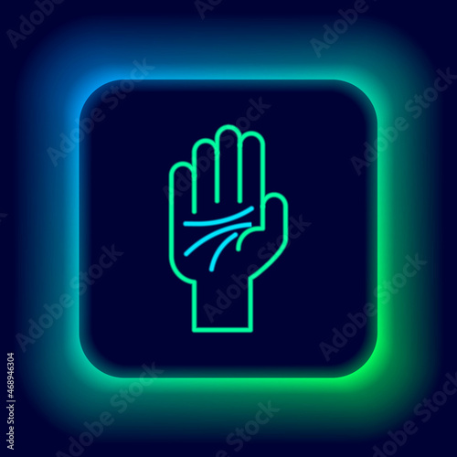 Glowing neon line Palmistry of the hand icon isolated on black background. Colorful outline concept. Vector
