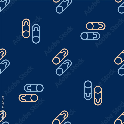 Line Classic closed steel safety pin icon isolated seamless pattern on blue background. Vector