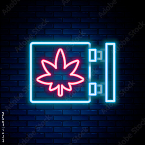Glowing neon line Marijuana and cannabis store icon isolated on brick wall background. Equipment and accessories for smoking, storing medical cannabis. Colorful outline concept. Vector