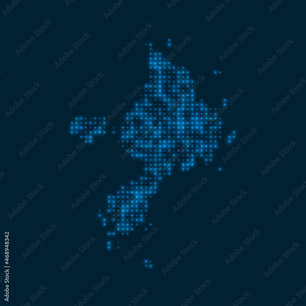 Sark dotted glowing map. Shape of the island with blue bright bulbs. Vector illustration.