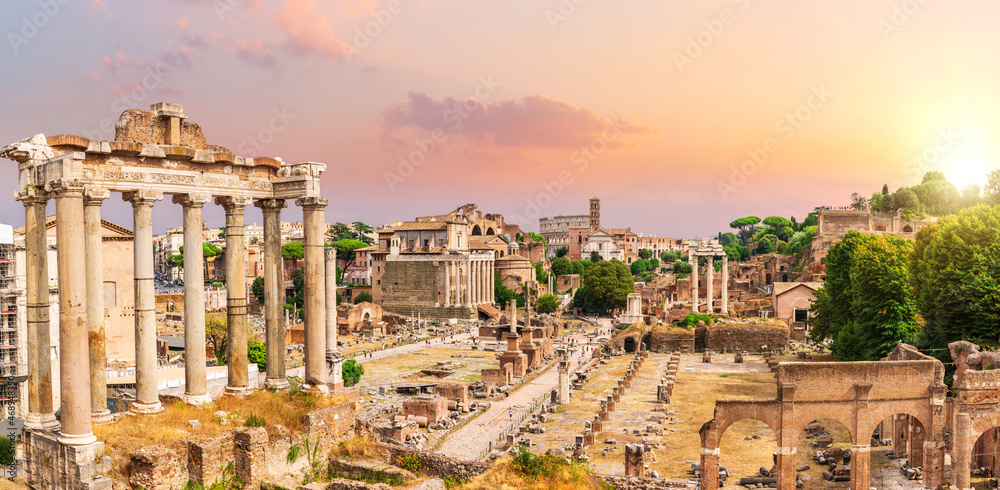 Roman Forum sunset panorama, full view of the ruins, Rome, Italy