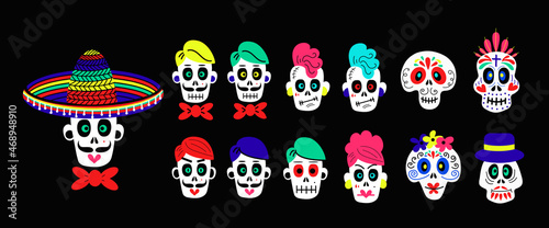 Collection of vector stickers of funny colorful cartoon skulls of different types on black background for Halloween celebration concept designs