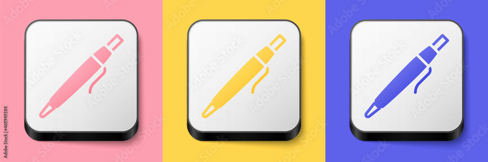 Isometric Pen icon isolated on pink, yellow and blue background. Square button. Vector Isometric Pen icon isolated on pink, yellow and blue background. Square button. Vector