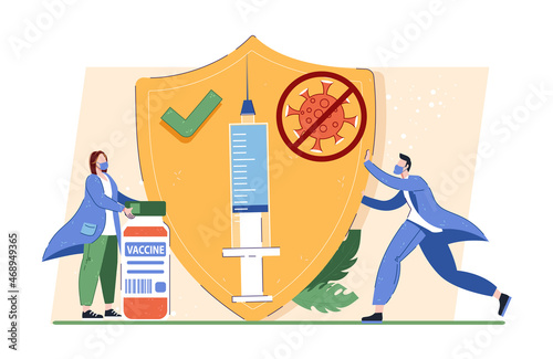 Coronavirus vaccination.Tiny people doctors and syringe with vaccine and shield. Vaccination program, disease immunization vaccine, medical health protection concept. Vector isolated illustration