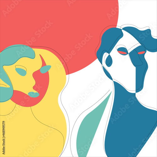 An abstraction of two people  a couple  in love. In blue  yellow and red colors