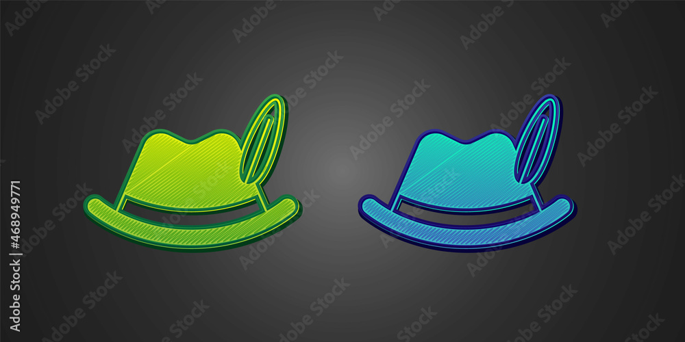 Green and blue Oktoberfest hat icon isolated on black background. Hunter hat with feather. German hat. Vector Green and blue Oktoberfest hat icon isolated on black background. Hunter hat with feather. German hat. Vector