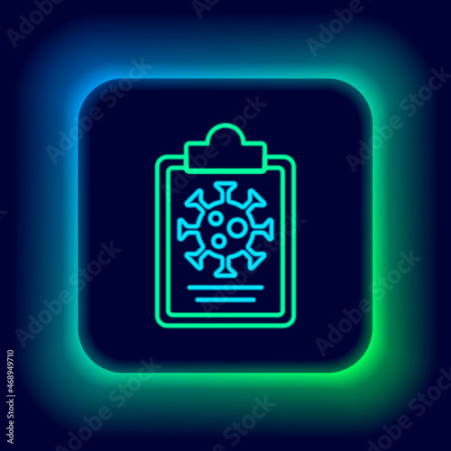 Glowing neon line Medical clipboard with blood test results icon isolated on black background. Clinical record, medical check marks report. Colorful outline concept. Vector