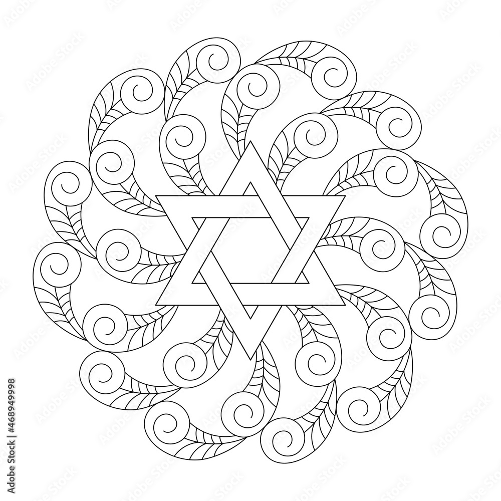 Coloring book. Mandala with six pointed star. Star of David. Vector illustration