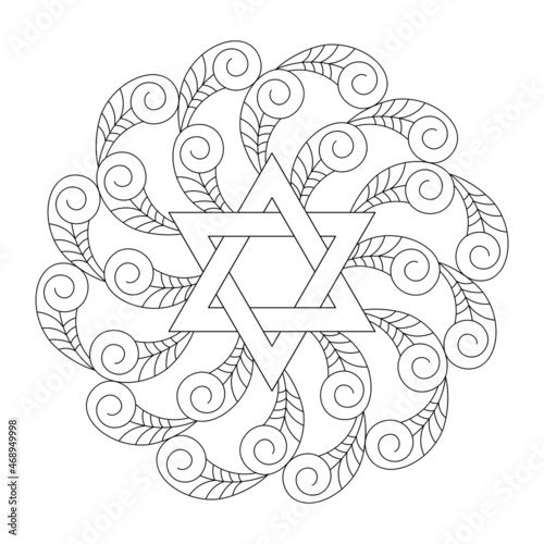 Coloring book. Mandala with six pointed star. Star of David. Vector illustration