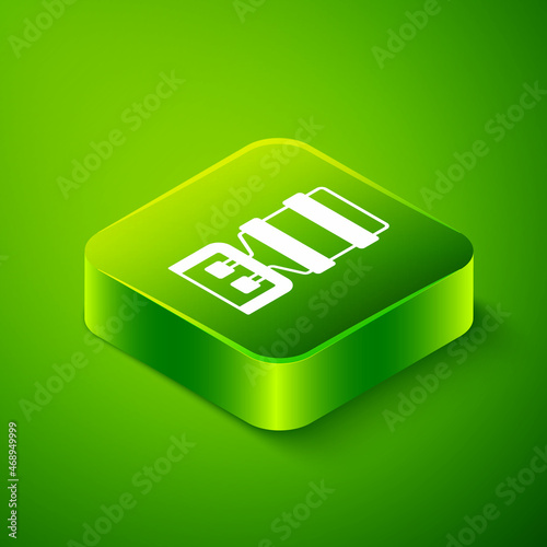 Isometric Water cooler for office and home icon isolated on green background. Water dispenser. Bottle office, plastic and liquid. Green square button. Vector