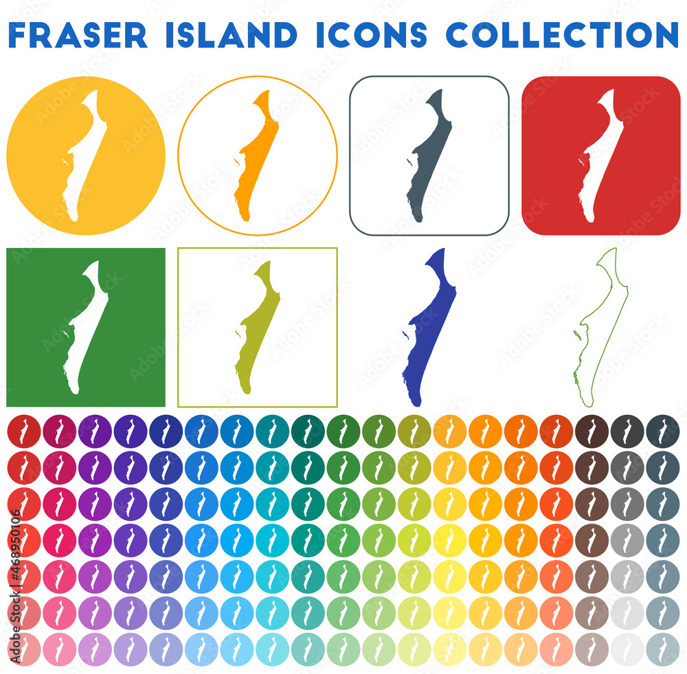 Fraser Island icons collection. Bright colourful trendy map icons. Modern Fraser Island badge with island map. Vector illustration. - obrazy, fototapety, plakaty 