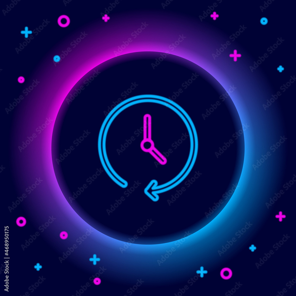 Glowing neon line Clock icon isolated on black background. Time symbol. Colorful outline concept. Vector Glowing neon line Clock icon isolated on black background. Time symbol. Colorful outline concept. Vector
