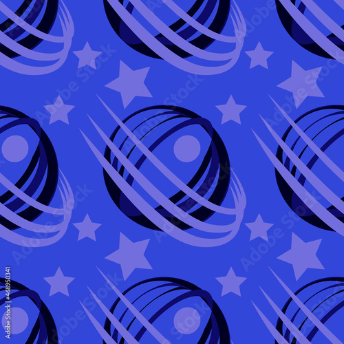 Seamless pattern, infinite texture - Illustration on a square background - stylized space - satellite or planet and stars. Design elements - Decoration of covers of notebooks, mobile applications