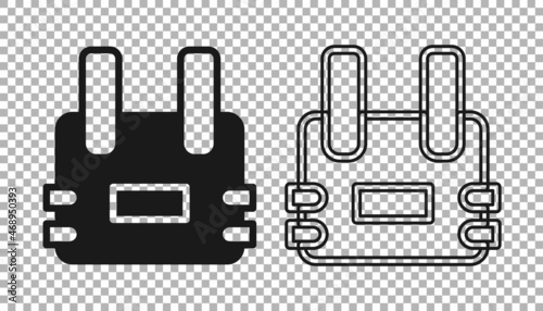 Black Bulletproof vest for protection from bullets icon isolated on transparent background. Body armor sign. Military clothing. Vector