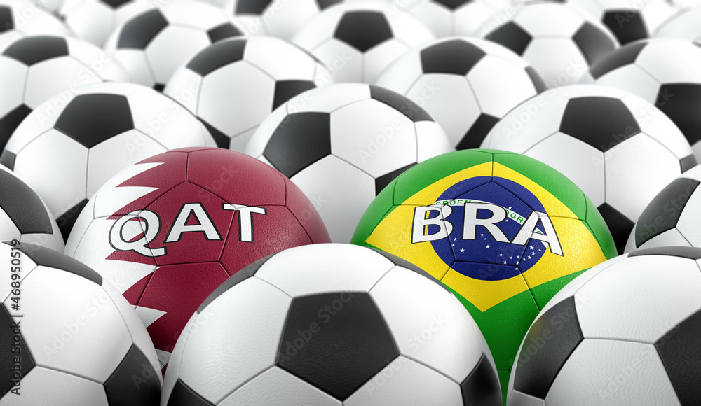 Fototapeta premium Brazil vs. Qatar Soccer Match - Leather balls in Brazil and Qatar national colors. 3D Rendering 