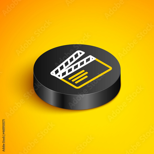 Isometric line Movie clapper icon isolated on yellow background. Film clapper board. Clapperboard sign. Cinema production or media industry. Black circle button. Vector