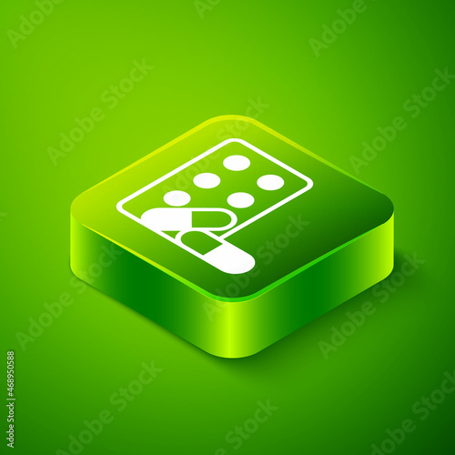 Isometric Sports doping, anabolic drugs with dumbbell icon isolated on green background. Anabolic steroids tablet. Pills in jar. Green square button. Vector