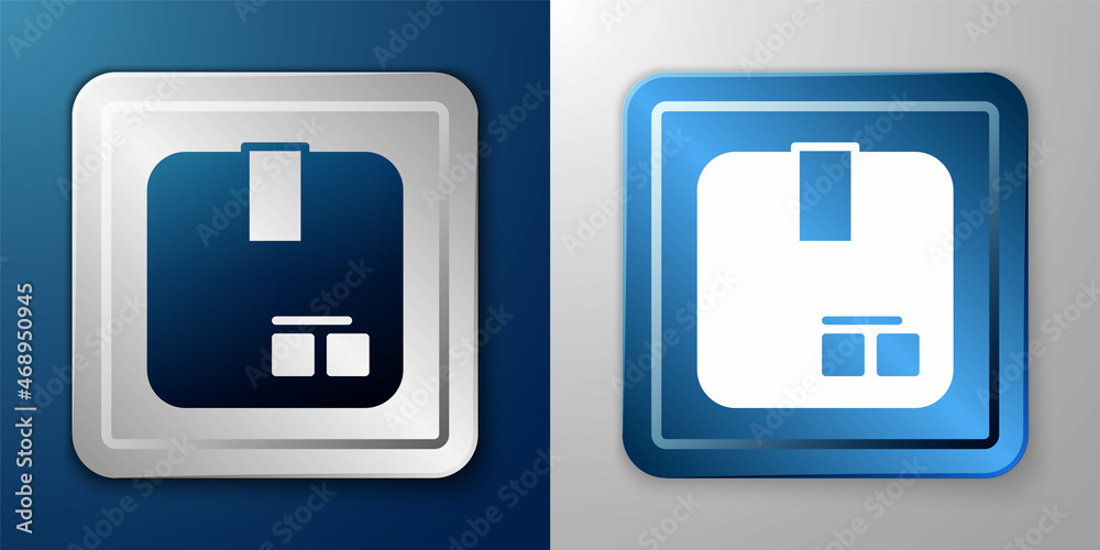 White Carton cardboard box icon isolated on blue and grey background. Box, package, parcel sign. Delivery and packaging. Silver and blue square button. Vector White Carton cardboard box icon isolated on blue and grey background. Box, package, parcel sign. Delivery and packaging. Silver and blue square button. Vector