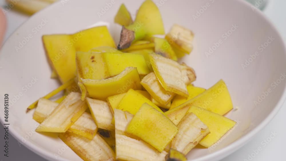 A person making banana peel fertilizer with banana cuts. A woman hand cutting banana skin into small pieces A person making banana peel fertilizer with banana cuts. A woman hand cutting banana skin into small pieces