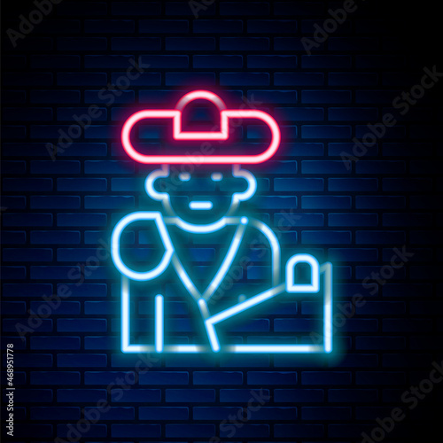 Glowing neon line Spain bullfight, matador icon isolated on brick wall background. Traditional Spanish entertainment. Colorful outline concept. Vector
