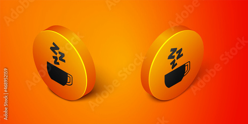 Isometric Chamomile tea icon isolated on orange background. A useful therapeutic drink from flowers of chamomile medicinal. Orange circle button. Vector