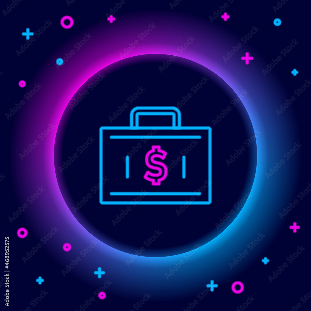 Glowing neon line Briefcase and money icon isolated on black background. Business case sign. Business portfolio. Financial management. Colorful outline concept. Vector Glowing neon line Briefcase and money icon isolated on black background. Business case sign. Business portfolio. Financial management. Colorful outline concept. Vector