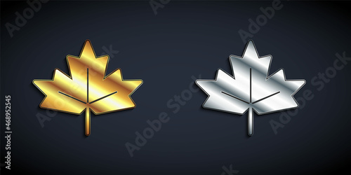 Fototapeta Naklejka Na Ścianę i Meble -  Gold and silver Canadian maple leaf icon isolated on black background. Canada symbol maple leaf. Long shadow style. Vector