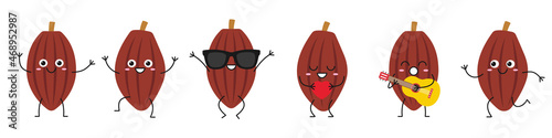 Cocoa beans set cute character cartoon greeting jumping loves sings running smiling face happy joy sweet emotions sign dark chocolate delicious dessert beautiful vector illustration.