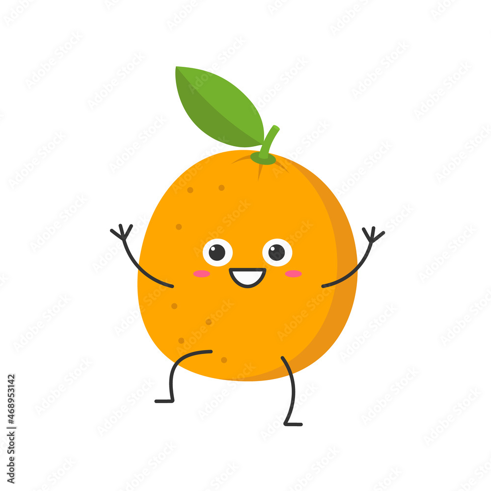 Obraz premium Orange cute character cartoon funny fruit smiling face happy joy emotions icon vector illustration.
