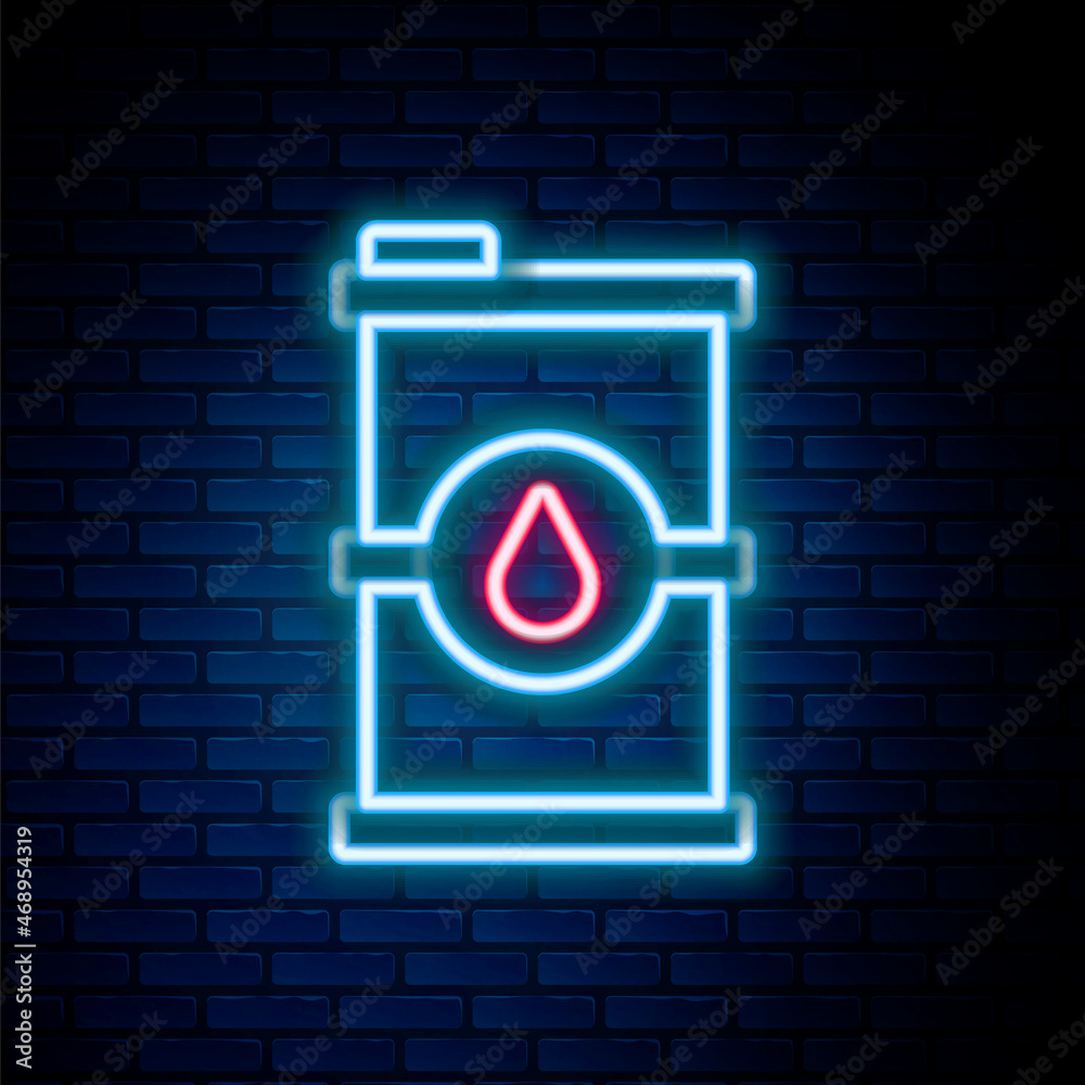 Glowing neon line Bio fuel barrel icon isolated on brick wall background. Eco bio and canister. Green environment and recycle. Colorful outline concept. Vector Glowing neon line Bio fuel barrel icon isolated on brick wall background. Eco bio and canister. Green environment and recycle. Colorful outline concept. Vector