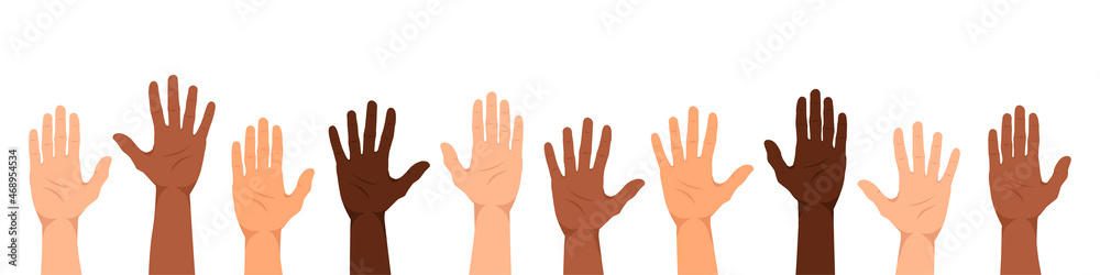 A multiethnic group of people with their hands up. The palms of people with a different color of skin. The concept of unity, team, cooperation or partnership. Flat style. Vector illustration
