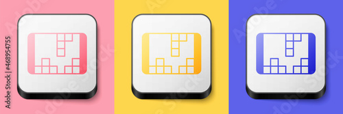 Isometric Portable video game console icon isolated on pink, yellow and blue background. Handheld console gaming. Square button. Vector