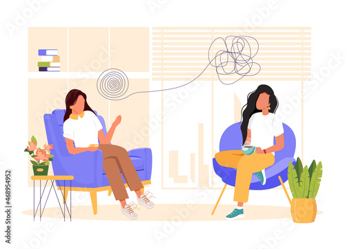 Psychologist support concept. Psychotherapy practice, psychiatrist consulting woman patient. Mental disorder treatment. Psychologist service, private counseling, family psychology. Vector illustration