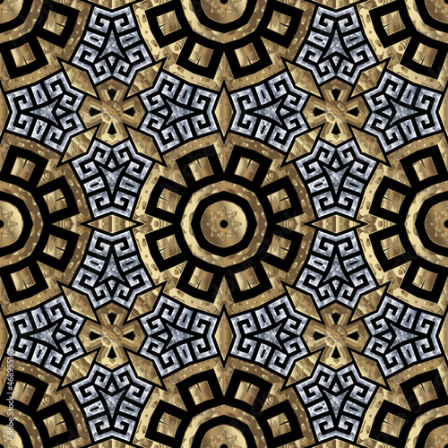 Colorful tribal ethnic greek seamless pattern. Vector textured black white gold background. Greek key, meanders. Abstract geometric traditional ornaments. Grunge endless texture. Ornate design