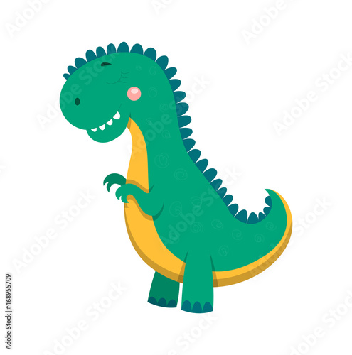 Sticker of T rex. Various types of dinosaurs  large stature and small paws. Paleontology  Archeology  Prehistoric  BC. Pictures for printing on kids clothes  fantasy. Cartoon flat vector illustration