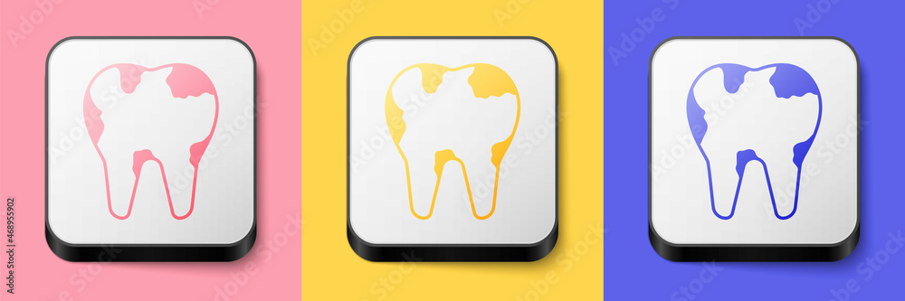 Isometric Broken tooth icon isolated on pink, yellow and blue background. Dental problem icon. Dental care symbol. Square button. Vector Isometric Broken tooth icon isolated on pink, yellow and blue background. Dental problem icon. Dental care symbol. Square button. Vector