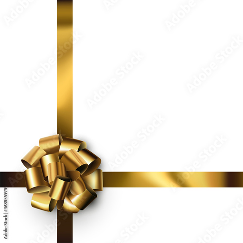 Beautiful foil golden bow with ribbon on white background.