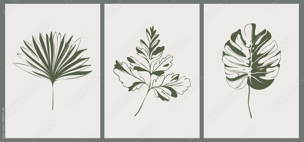 Set of three stencil graffiti posters. Contrasting minimalist vintage backgrounds. Illustration for decor, covers. Green silhouettes of hand drawn plants and leaves on a beige background. Monstera.