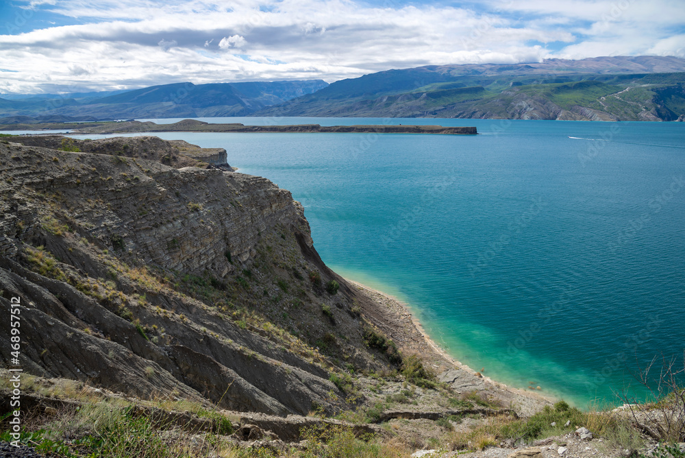 Sulak reservoir in a mountain landscape. Republic of Dagestan, Russia